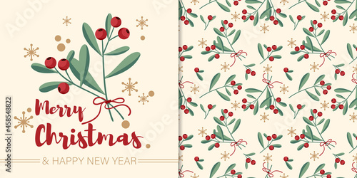 Christmas holiday season banner with Merry Christmas and Happy New year text and seamless pattern of red berries branches with green leaves and ribbons on light color background with snowflakes.