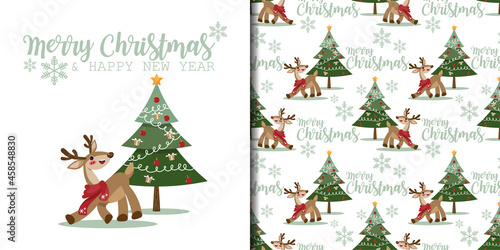 Christmas holiday banner with Merry Christmas & Happy New Year text and seamless pattern of cute reindeer wearing red scarf with Christmas tree on white color background with snowflakes.
