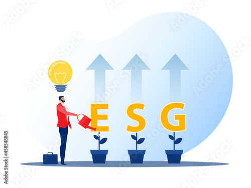 ESG or ecology problem concept, businessman leader watering seedling growth invest concept vector illustrator