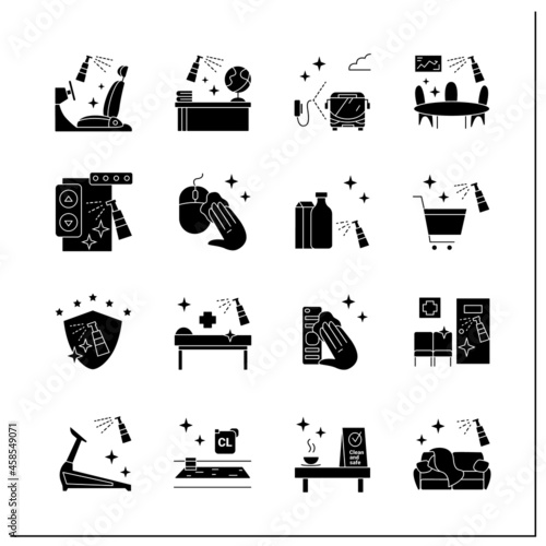  Surface disinfection flat icons set. Disinfection at home, workplace, public spaces, transport. Safety space and preventative measures.Filled flat signs. Isolated silhouette vector illustrations