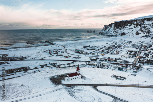 The Town of Vik in Iceland on the Southern Coast Snow Covered