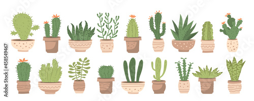 Big set with different cute cacti and succulents in pots on white background. Vector illustration set with different houseplants in ceramic pots