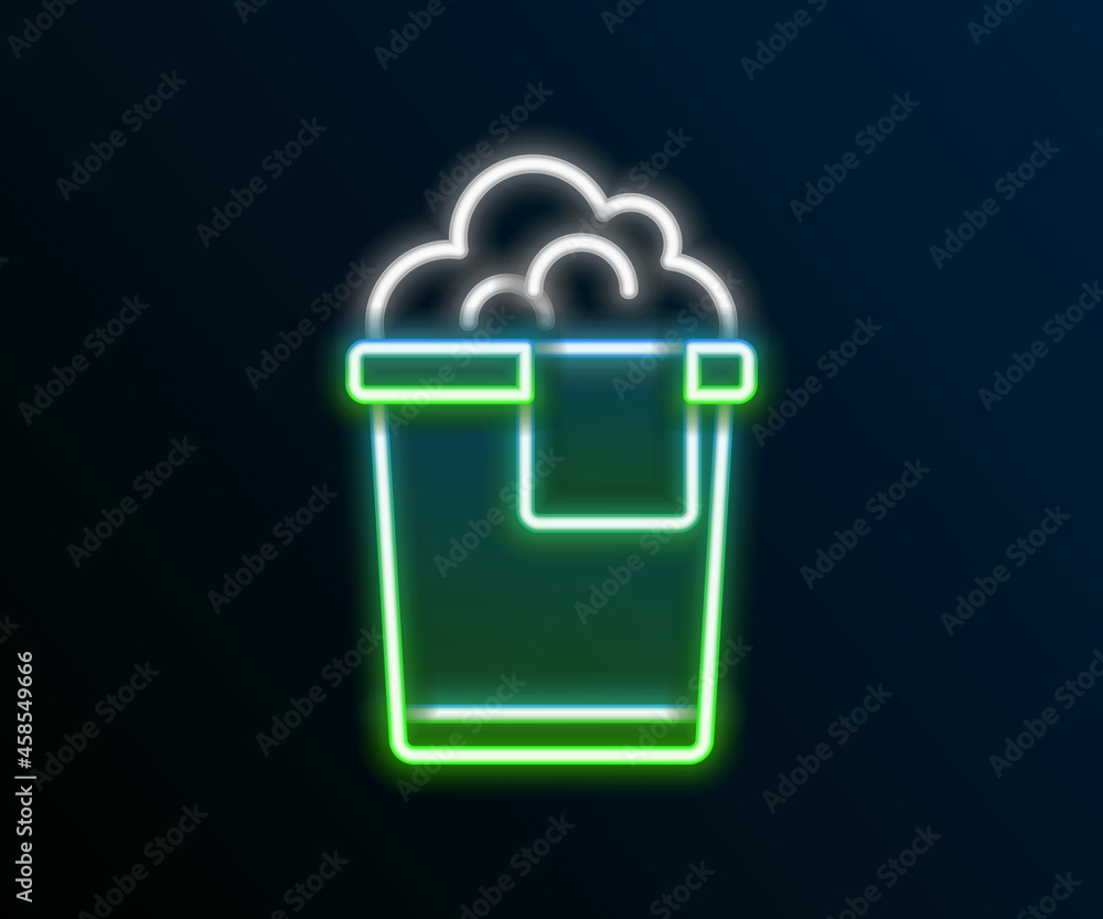 Glowing neon line Bucket with foam and bubbles icon isolated on black background. Cleaning service concept. Colorful outline concept. Vector Glowing neon line Bucket with foam and bubbles icon isolated on black background. Cleaning service concept. Colorful outline concept. Vector