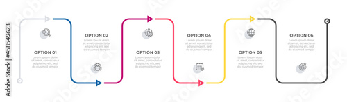 Vector thin line infographic label design with arrow elements. Business concept with 6 options or steps.