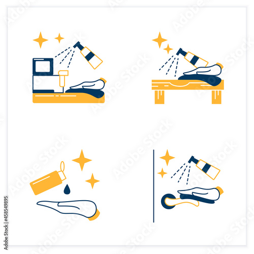 Surface disinfection flat icons set.Door handle and hands, shop, tabletop disinfection. Home, public areas,transport hygiene. Vector illustration