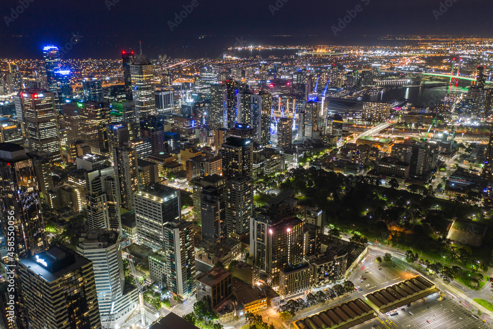 Melbourne Australia Cityscape at Night Aerial View