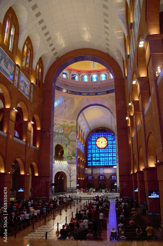 Panoramic view from inside the Basilica of the National Sanctuary of Our Lady of Aparecida or Cathedral Basilica of Our Lady of Aparecida. Aparecida - São Paulo - Brazil.