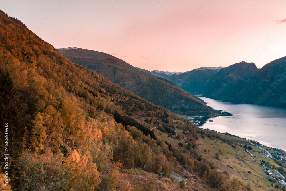 Sunrise Views Over Norwegian Landscape with Fjords, Forests and Mountains
