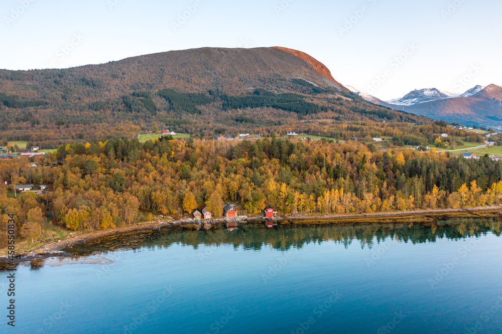 Obraz premium Norwegian Cabins on the Shore of a Fjord