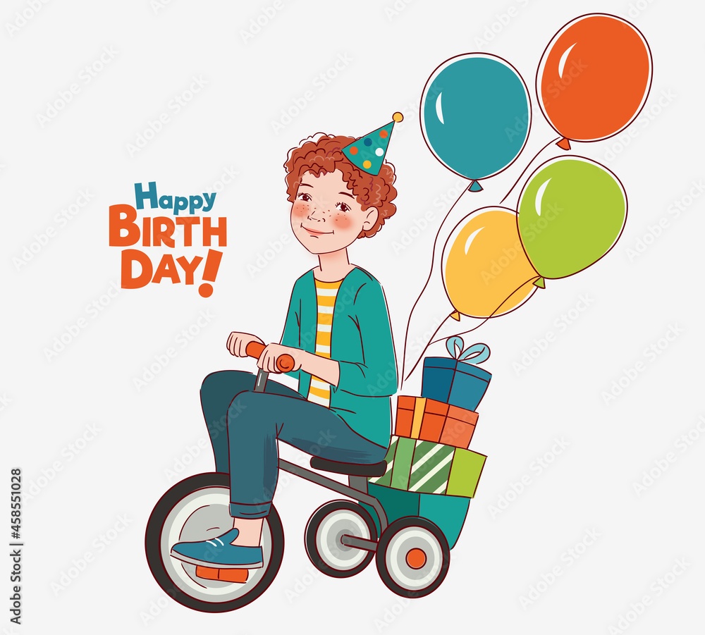 Cute kid rides on bicycle. Funny boy having fun. Happy Birthday illustration vector concept