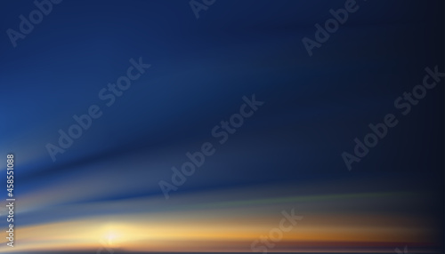 Sunset sky in evening with orange, yellow and purple colour, Dramatic twilight landscape with dark blue sky,Vector mesh horizon banner of sunrise for night four season background, Panorama natural