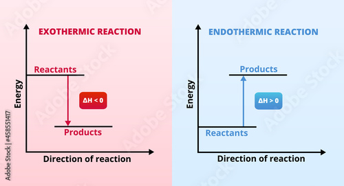 Vector graphs or charts of endothermic and exothermic reactions – physics, chemistry. Exo and endo chemical reactions. Activation energy. Reactants, products, increase and decrease in the enthalpy H.