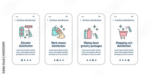  Surface disinfection onboarding mobile app screens.Disinfection at home,workplace,public spaces,transport. Preventative measures steps menu.Set of UI,UX,web template with RGB color linear icons