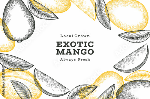 Hand drawn sketch style mango banner. Organic fresh fruit vector illustration. Retro mango fruit design template