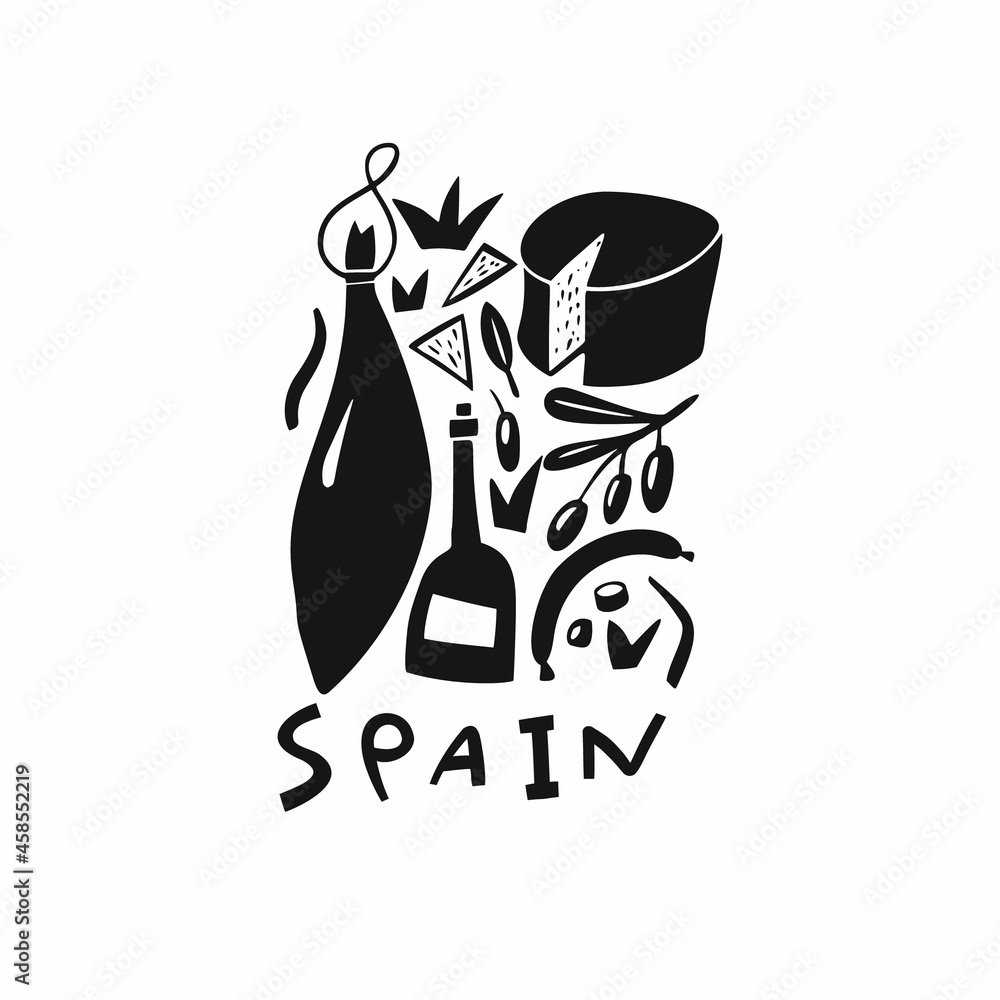 Vector hand drawn symbol of Spain. Travel illustration of Spain Food. Hand drawn lettering illustration. Spanish landmark logo Vector hand drawn symbol of Spain. Travel illustration of Spain Food. Hand drawn lettering illustration. Spanish landmark logo