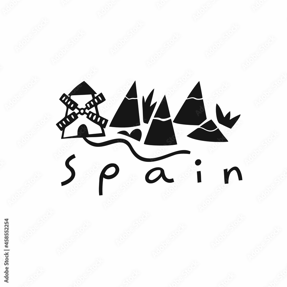 Vector hand drawn symbol of Spain. Travel illustration of Spain landscape. Hand drawn lettering illustration. Spanish landmark logo