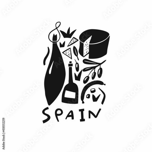 Vector hand drawn symbol of Spain. Travel illustration of Spain Food. Hand drawn lettering illustration. Spanish landmark logo
