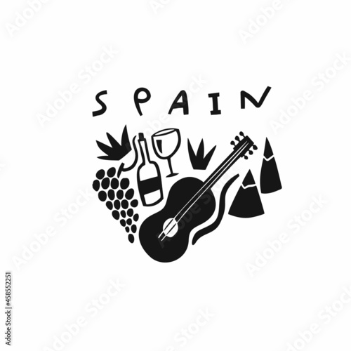 Vector hand drawn symbol of Spain. Travel illustration of Spain Signs. Hand drawn lettering illustration. Spanish landmark logo