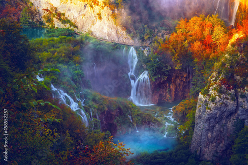 Waterfall in Autumn Plitvice Lakes National Park