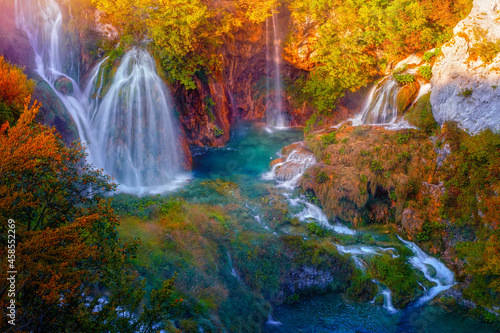 Fototapeta Naklejka Na Ścianę i Meble -  Cascade of Waterfall in Autumn Plitvice Lakes National Park