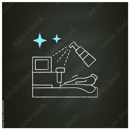 Shop disinfection chalk icon.Counter surface cleaned with antibacterial alcohol based spray line pictogram. Public places covid disinfection.retail reopening.Isolated vector illustration on chalkboard