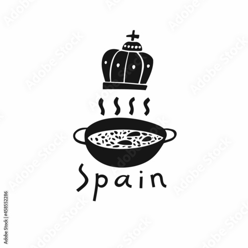 Vector hand drawn symbol of Spain. Travel illustration of Spain food. Hand drawn lettering illustration. Spanish landmark logo