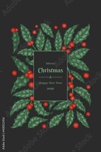 Christmas hand drawn vector greeting card design template. Vintage style botanical illustration. Winter plants xmas banner.