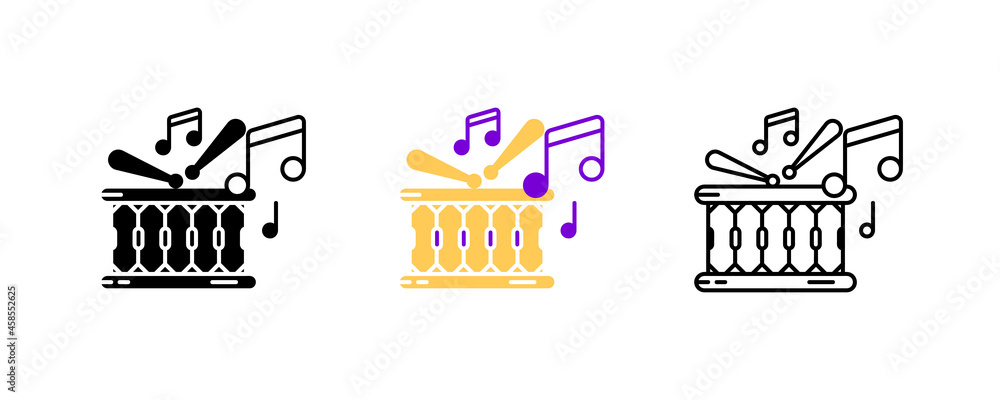 Drum-Snare drum and musical notes icon set. Entertainment and music icon. Art vector illustration set. Editable row set. Silhouette, colored, linear icon set.