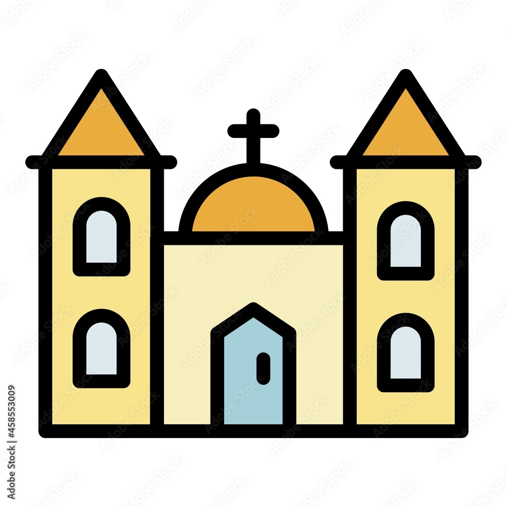 Church building icon. Outline church building vector icon color flat isolated