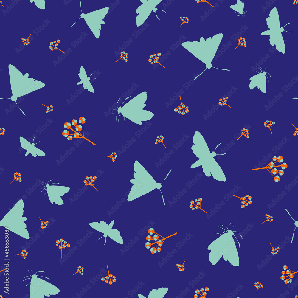 Butterfly floral vector seamless pattern background. Backdrop with varied silhouettes of butterflies and flower stems. Indigo blue orange repeat. Flying bugs plant botanical design for summer Butterfly floral vector seamless pattern background. Backdrop with varied silhouettes of butterflies and flower stems. Indigo blue orange repeat. Flying bugs plant botanical design for summer