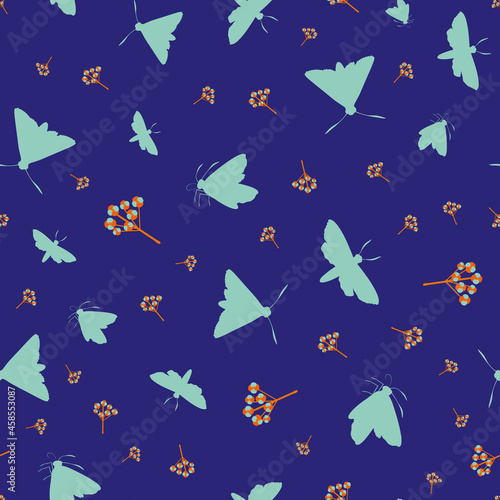 Butterfly floral vector seamless pattern background. Backdrop with varied silhouettes of butterflies and flower stems. Indigo blue orange repeat. Flying bugs plant botanical design for summer