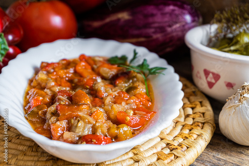 Espencat, typical dish of  Comunidad Valenciana in Spain, made with pepper, tomatoes, aubergine, garlic and cod, seasoned with spices and olive oil.
