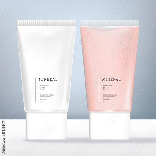 Vector Opaque or Clear Flat or Oval  Beauty Tube Packaging with White Screw Cap. Pink and White.

