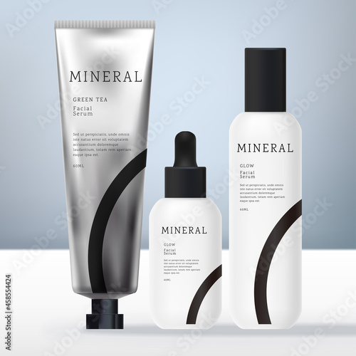 Vector Health and Body Set with Black and White Round Plastic Bottle, Shampoo or Face Mask Packet, Jar, Droplet Bottle and Metallic Silver Aluminum Hand Cream Tube Packaging.
