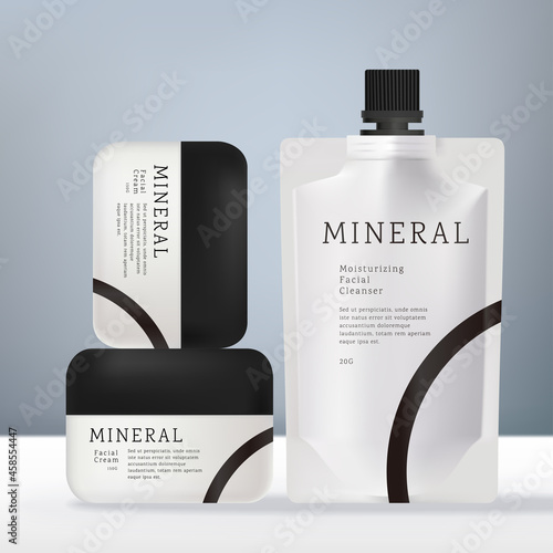Vector Health and Body Set with Black and White Round Plastic Bottle, Shampoo or Face Mask Packet, Jar, Droplet Bottle and Metallic Silver Aluminum Hand Cream Tube Packaging.
