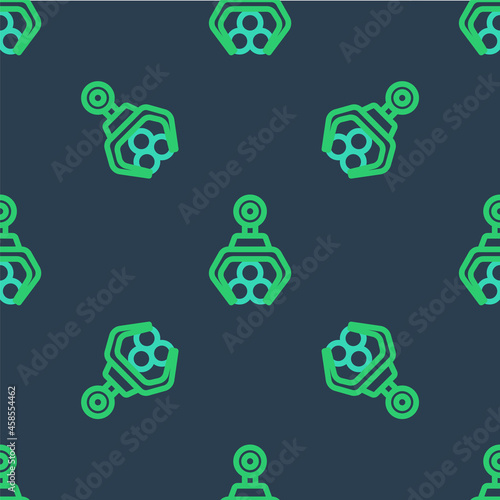 Line Grapple crane grabbed a log icon isolated seamless pattern on blue background. Forest industry. Industrial crane for lumber trunk wood production. Vector
