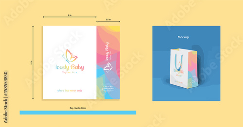 Colorful and attractive portrait Paper Carry bag design with measured lines with blend pattern for baby product brands, kids brands, kids and nursery schools, clothing, playful, fun business designs