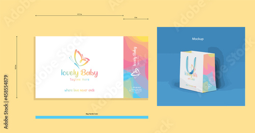 Colorful and attractive landscape Paper Carry bag design with measured lines with blend pattern for baby product brands, kids brands, kids and nursery schools, clothing, playful, fun business designs