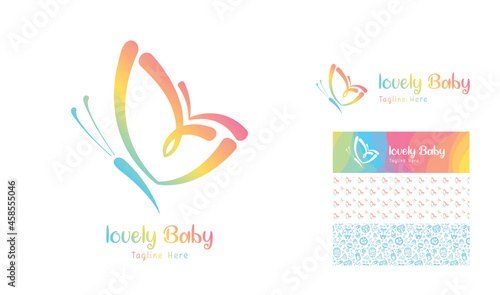 Attractive colorful butterfly love logo  with pattern and theme using letter L with baby icon pattern using colors red, blue, pink, orange, green for baby product brand, preschool nursery designs