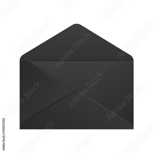 Realistic black envelope. Opened envelope mockup isolated on white background, unfolded paper letter. Vector illustration