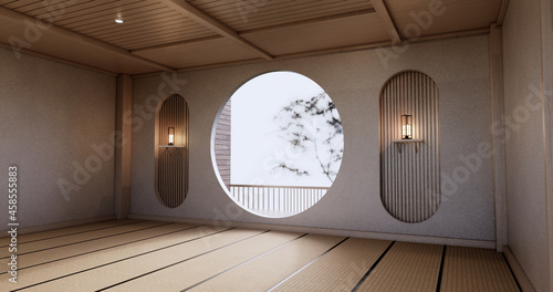 Canvas Print Circle shelf wall design on empty  Living room japanese deisgn with tatami mat floor