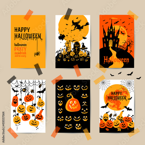 Happy halloween banner. Set of vector design postcards icons elements.