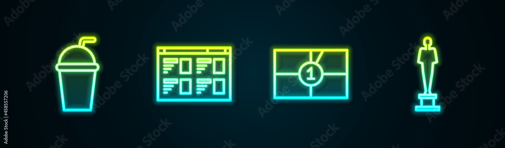 Set line Paper glass with straw, Online play video, Old film movie countdown frame and Movie trophy. Glowing neon icon. Vector Set line Paper glass with straw, Online play video, Old film movie countdown frame and Movie trophy. Glowing neon icon. Vector