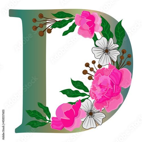  Letter D with flowers, isolated on white background. Isolated object, vector.