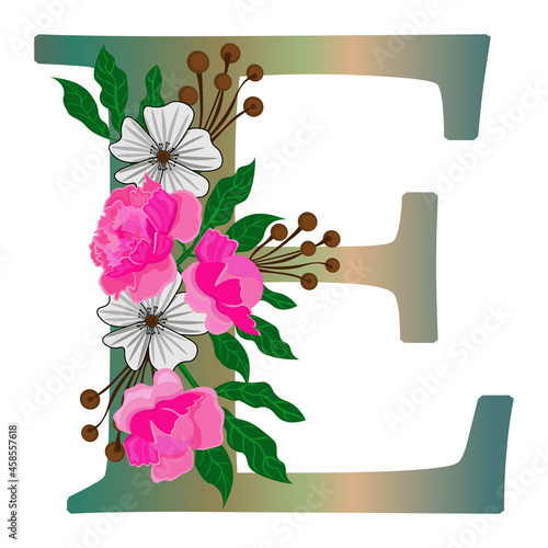  Letter E with flowers, isolated on white background. Isolated object, vector.