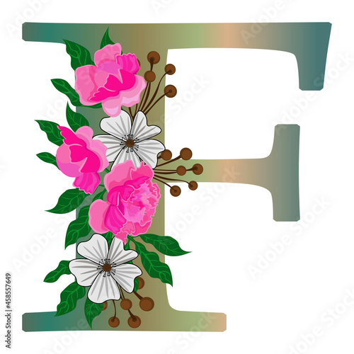 Letter F with flowers, isolated on white background. Isolated object, vector.