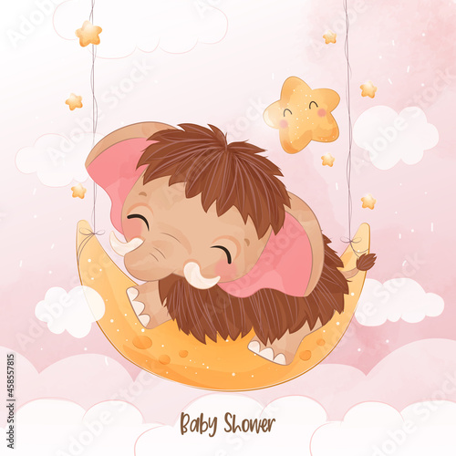 Cute little mammoth sleeping in watercolor illustration