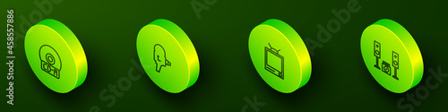 Set Isometric line CD or DVD disk, Retro cinema camera, tv and Home stereo with two speakers icon. Vector