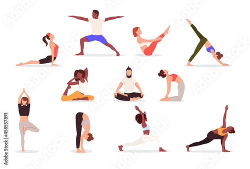 Set of poses woman and man yoga. Collection of multicultural people doing yoga isolated on white background. Vector illustration, eps 10