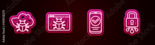 Set line System bug on a cloud, , Smartphone and Cyber security. Glowing neon icon. Vector